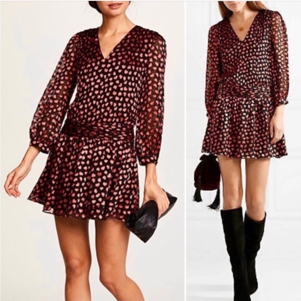Alice + Olivia Tessie Heart Print Drop Waist Long Sleeve Sheer Mini Dress